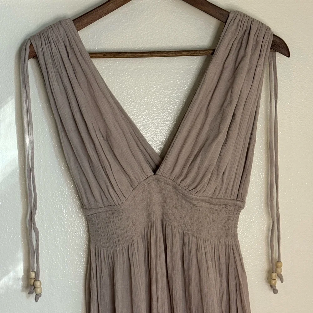 Free People S Boho Gauze Harem Jumpsuit Beige Taupe Smocked Waist Beaded Straps - Picture 3 of 10